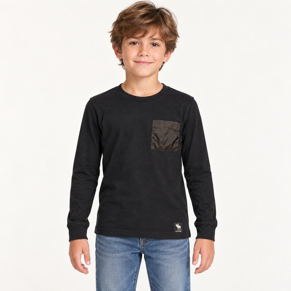 Abercrombie Kids Boys Black Long Sleeve Pocket T-Shirt Size 9/10 Moose Logo